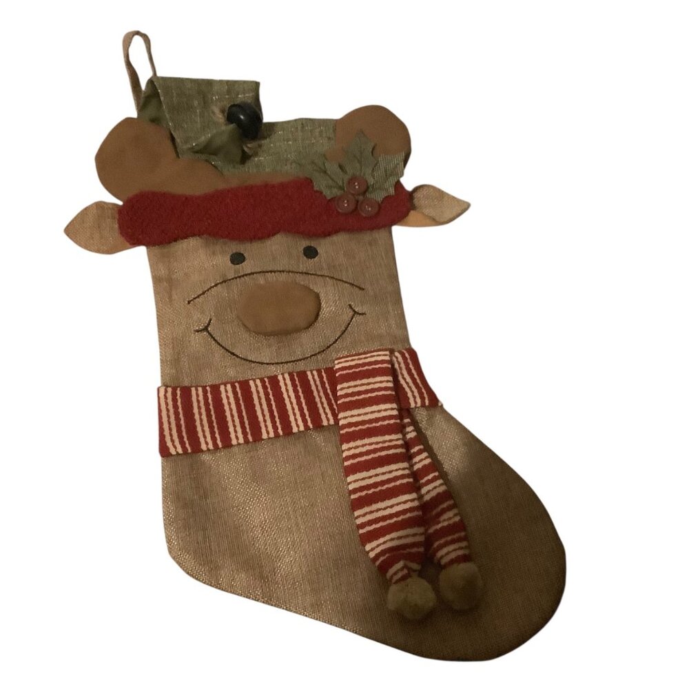 Reindeer Burlap Jute Christmas Stocking Red Scarf Button 22” Bell Mistletoe